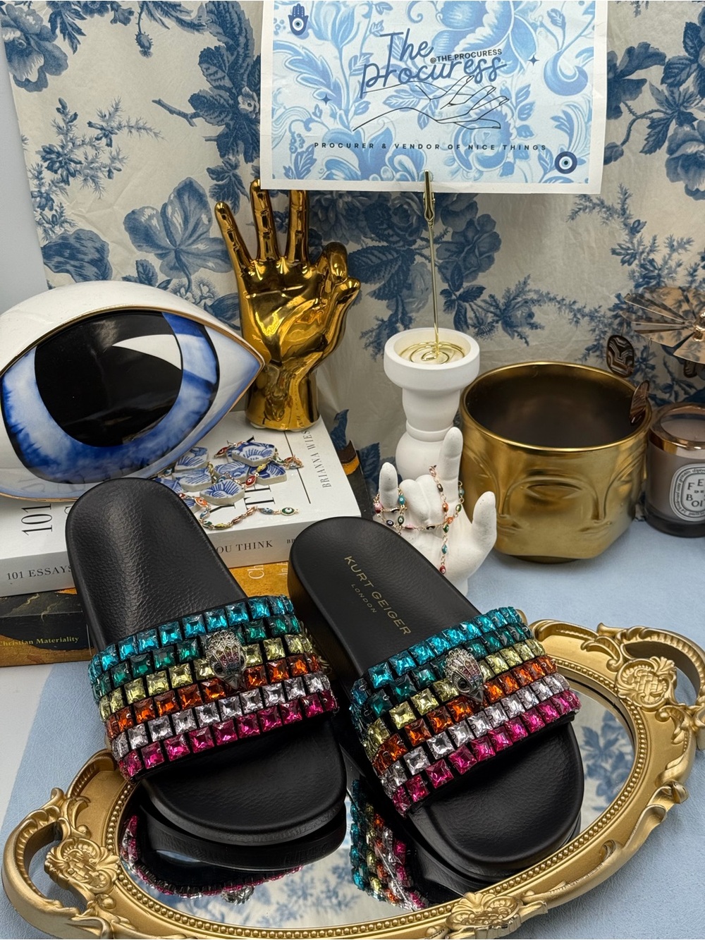 🧿🧿 KURT GEIGER LONDON Meena Eagle Jewel Crystal Studded Slide, Black Rainbow - Picture 4 of 14